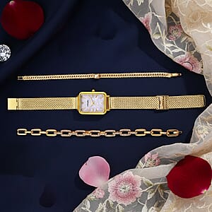 Strada Austrian Crystal Japanese Movement Fake MOP Dial Watch and 2 Pcs Goltone Bracelet (7-7.5In)