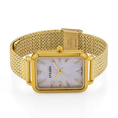 Strada Austrian Crystal Japanese Movement Fake MOP Dial Watch and 2 Pcs Goltone Bracelet (7-7.5In)