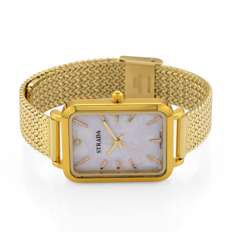 Strada Austrian Crystal Japanese Movement Fake MOP Dial Watch and 2 Pcs Goldtone Bracelet (7-7.5In)