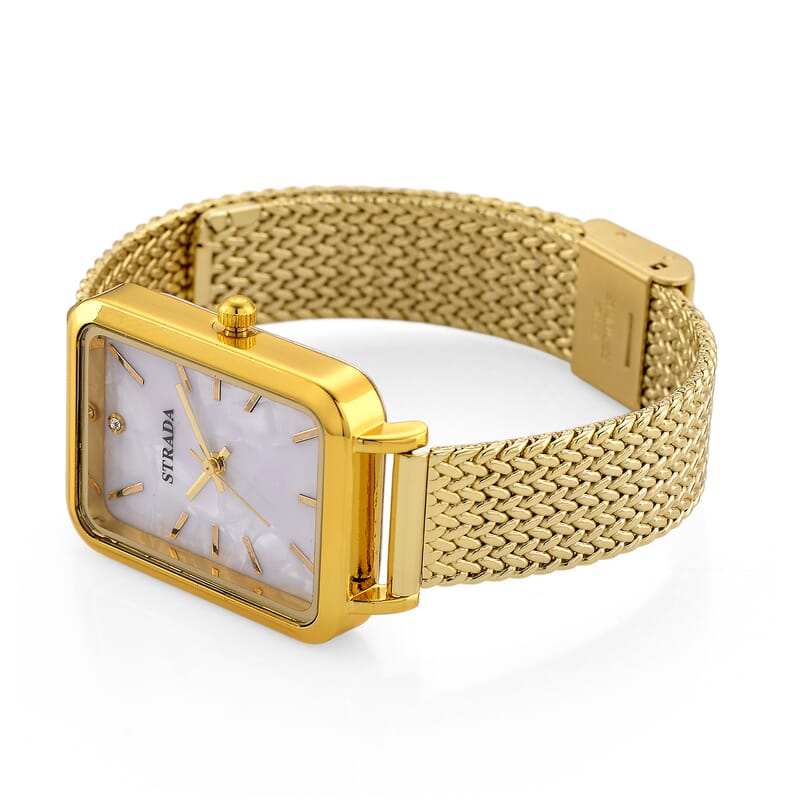 Strada Austrian Crystal Japanese Movement Fake MOP Dial Watch and 2 Pcs Goldtone Bracelet (7-7.5In)