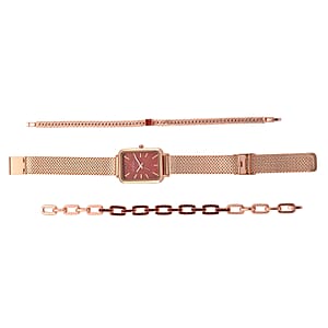 Strada Red Austrian Crystal Japanese Movement Fake MOP Dial Watch and 2 Pcs Goldtone Bracelet (7-7.5In)