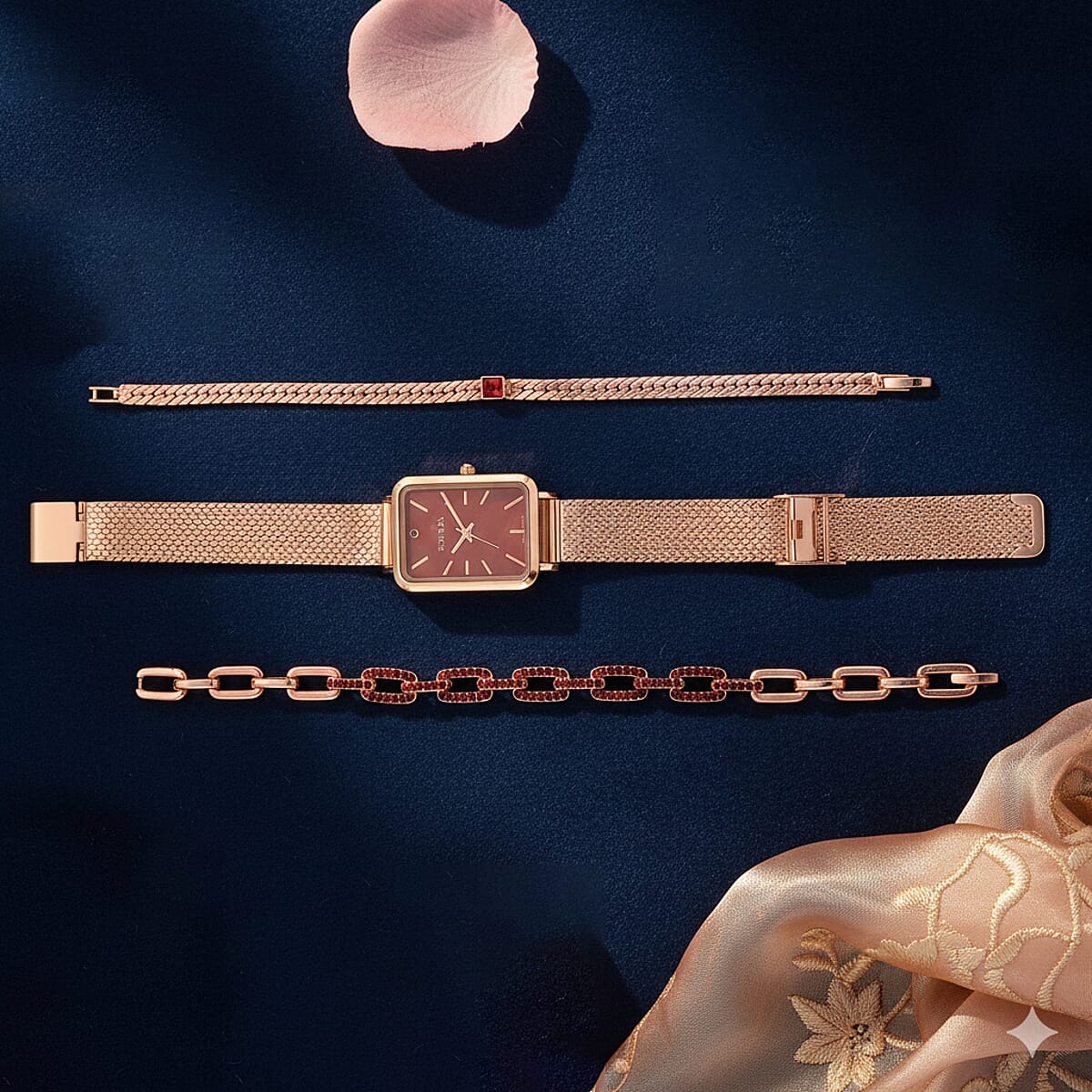 Strada Red Austrian Crystal Japanese Movement Fake MOP Dial Watch and 2 Pcs Goldtone Bracelet (7-7.5In) image number 1