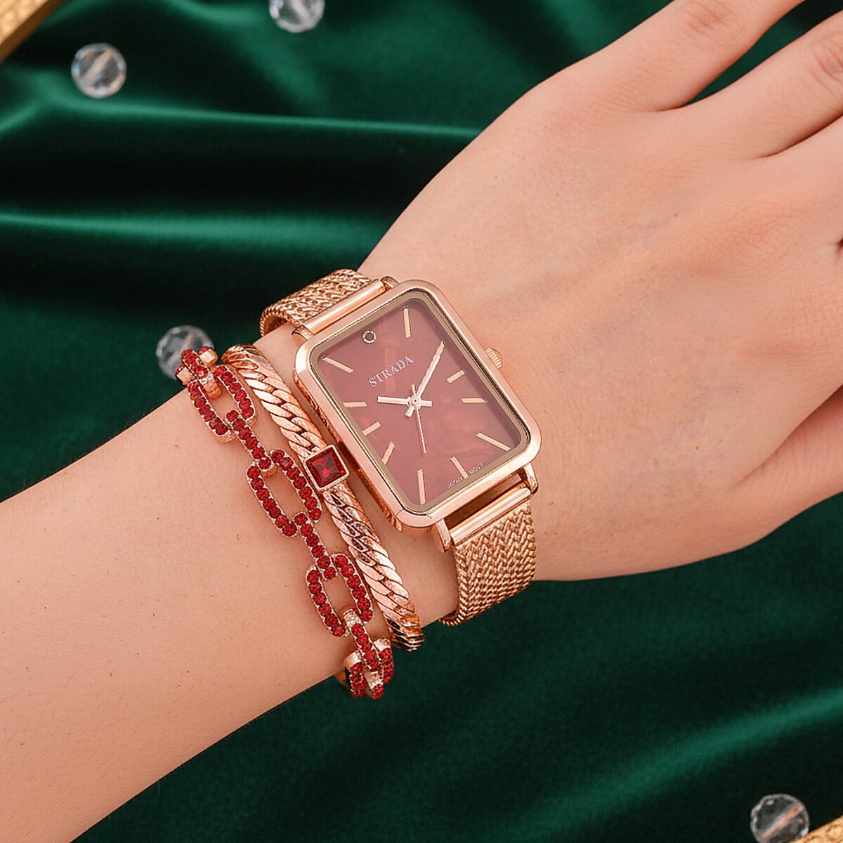 Strada Red Austrian Crystal Japanese Movement Fake MOP Dial Watch and 2 Pcs Goldtone Bracelet (7-7.5In) image number 2