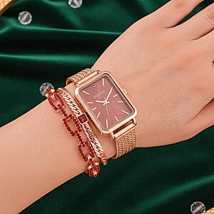 Strada Red Austrian Crystal Japanese Movement Fake MOP Dial Watch and 2 Pcs Goldtone Bracelet (7-7.5In)
