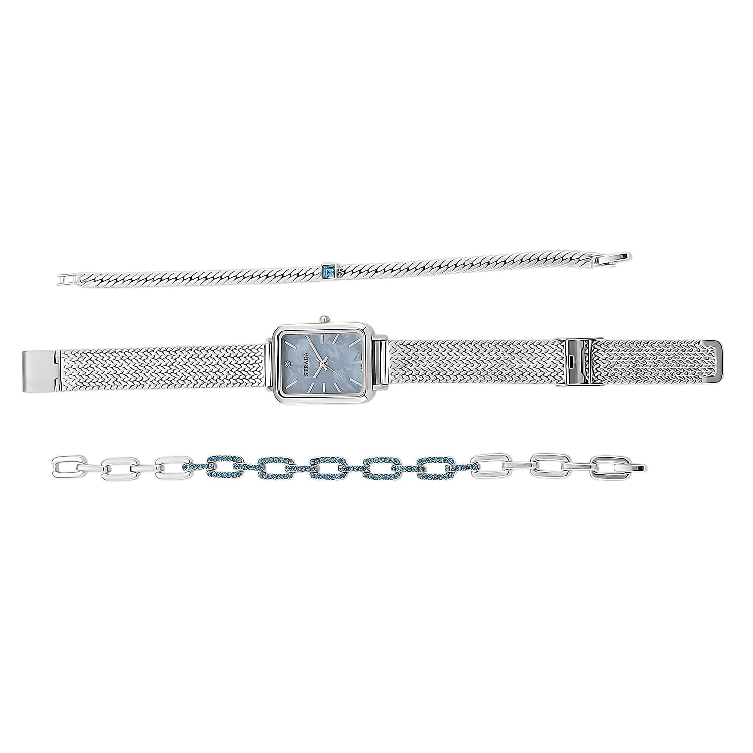 Strada Blue Austrian Crystal Japanese Movement Fake MOP Dial Watch and 2 Pcs Silvertone Bracelet (7-7.5In)