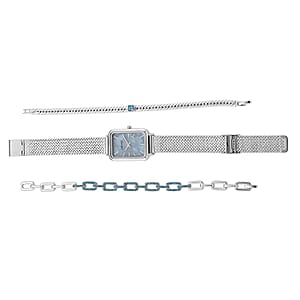 Strada Blue Austrian Crystal Japanese Movement Fake MOP Dial Watch and 2 Pcs Silvertone Bracelet (7-7.5In)