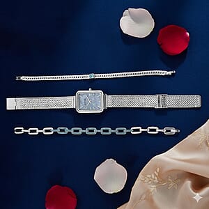 Strada Blue Austrian Crystal Japanese Movement Fake MOP Dial Watch and 2 Pcs Silvertone Bracelet (7-7.5In)