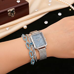 Strada Blue Austrian Crystal Japanese Movement Fake MOP Dial Watch and 2 Pcs Silvertone Bracelet (7-7.5In)