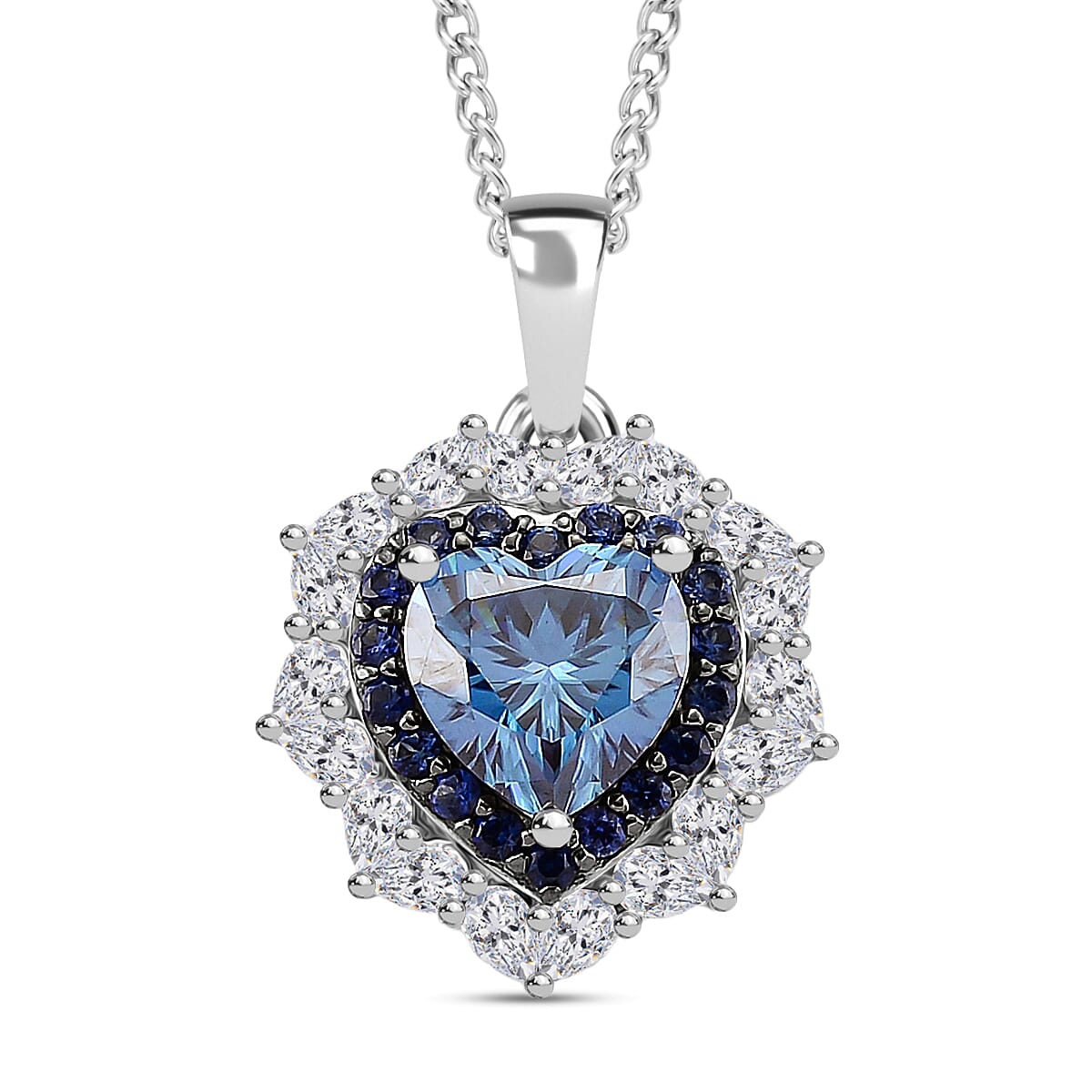 Doorbuster D'Joy Blue and White Moissanite and Blue Sapphire 3.00 ctw Crowned Heart Glow Pendant Necklace in Rhodium Over Sterling Silver 18 Inches image number 0