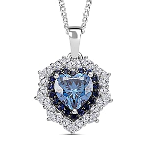 Doorbuster D'Joy Blue and White Moissanite and Blue Sapphire 3.00 ctw Crowned Heart Glow Pendant Necklace in Rhodium Over Sterling Silver 18 Inches