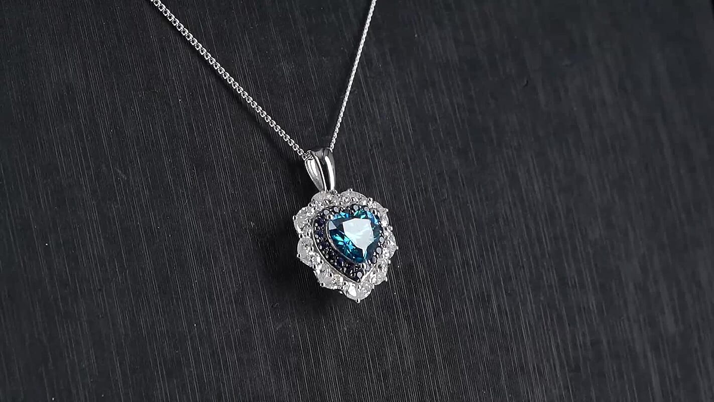 Doorbuster D'Joy Blue and White Moissanite (Hrt 8mm) Love Blossom Heart Pendant Necklace (18 Inches) in Rhodium Over Sterling Silver 3.00 ctw