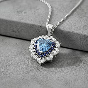 Doorbuster D'Joy Blue and White Moissanite and Blue Sapphire 3.00 ctw Crowned Heart Glow Pendant Necklace in Rhodium Over Sterling Silver 18 Inches