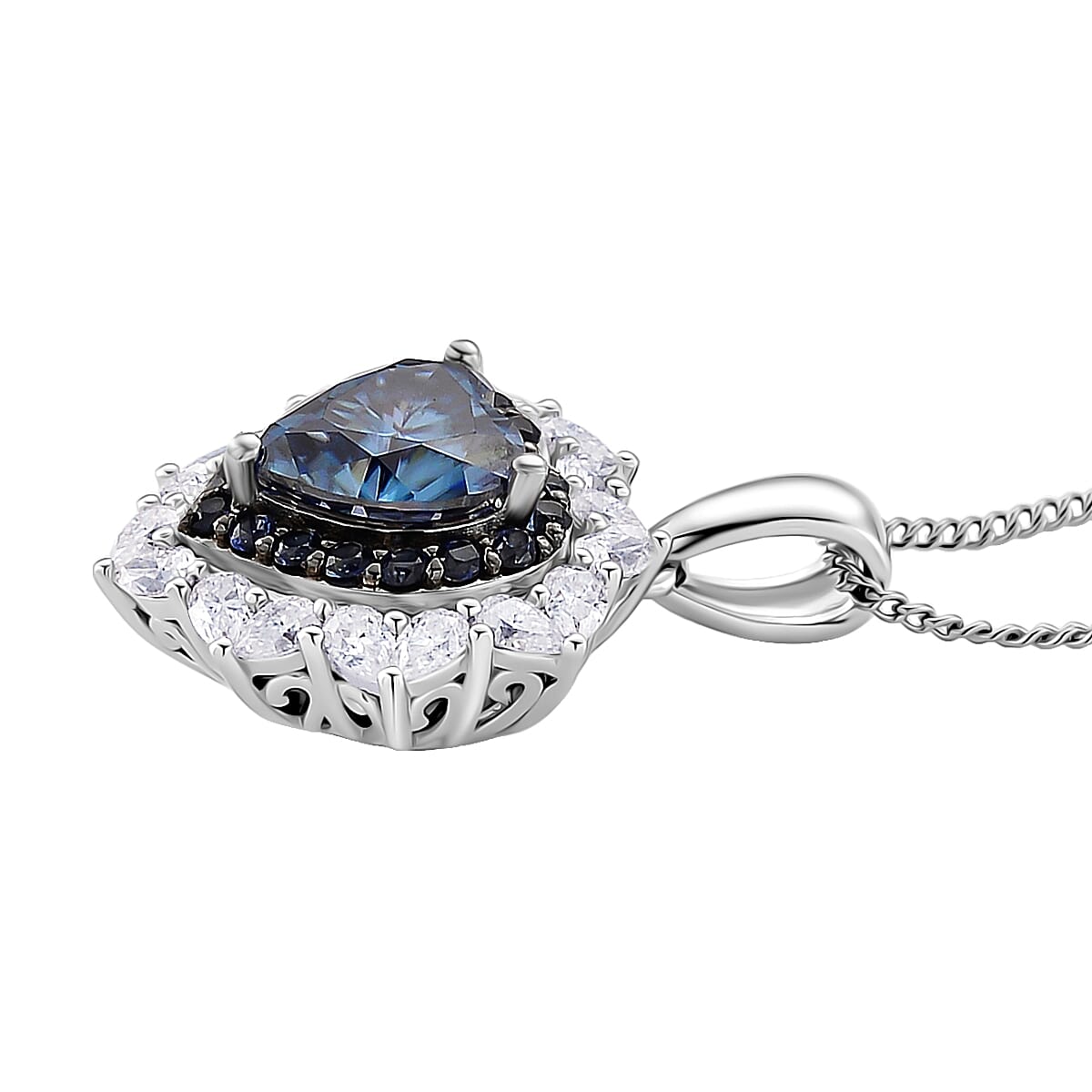 D'Joy Blue and White Moissanite and Blue Sapphire 3.00 ctw Crowned Heart Glow Pendant Necklace in Rhodium Over Sterling Silver 18 Inches