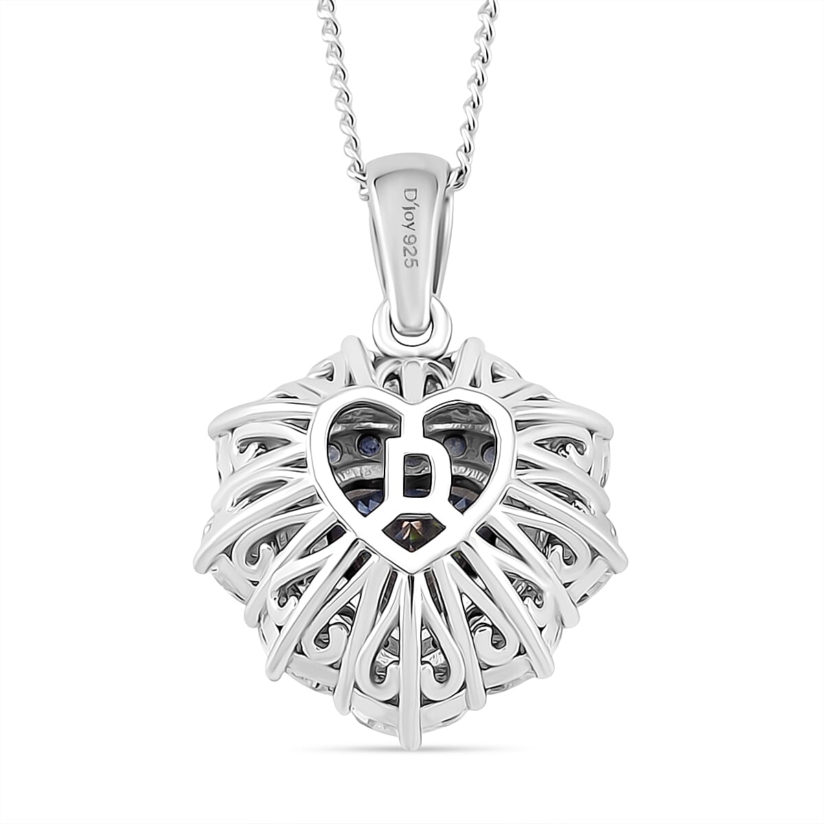 D'Joy Blue and White Moissanite and Blue Sapphire 3.00 ctw Crowned Heart Glow Pendant Necklace in Rhodium Over Sterling Silver 18 Inches