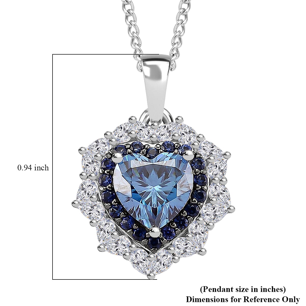 D'Joy Blue and White Moissanite and Blue Sapphire 3.00 ctw Crowned Heart Glow Pendant Necklace in Rhodium Over Sterling Silver 18 Inches