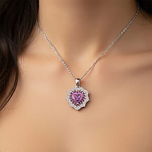 Doorbuster D'Joy Pink and White Moissanite and Pink Sapphire 3.00 ctw Crowned Heart Glow Pendant Necklace in 18K Vermeil RG and Rhodium Over Sterling Silver 18 Inches