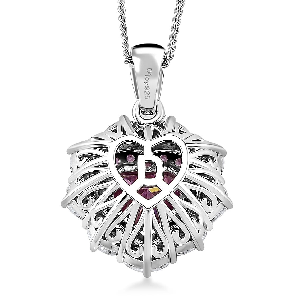 D'Joy Pink and White Moissanite and Pink Sapphire 3.00 ctw Crowned Heart Glow Pendant Necklace in 18K Vermeil RG and Rhodium Over Sterling Silver 18 Inches
