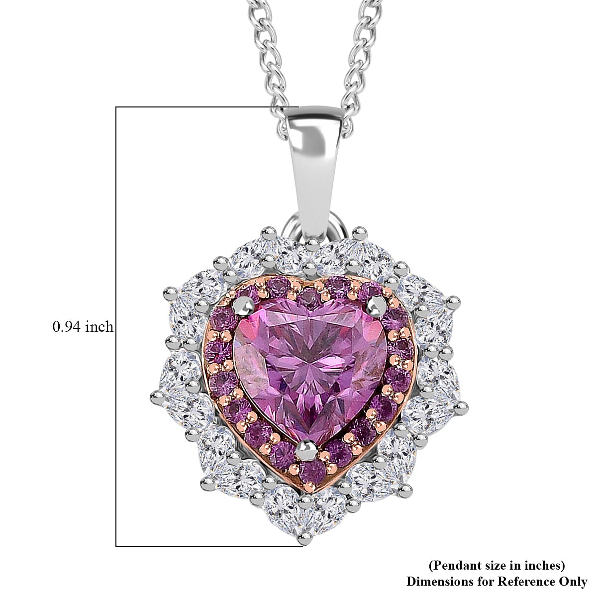 D'Joy Pink and White Moissanite and Pink Sapphire 3.00 ctw Crowned Heart Glow Pendant Necklace in 18K Vermeil RG and Rhodium Over Sterling Silver 18 Inches