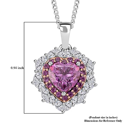 D'Joy Pink and White Moissanite and Pink Sapphire 3.00 ctw Crowned Heart Glow Pendant Necklace in 18K Vermeil RG and Rhodium Over Sterling Silver 18 Inches