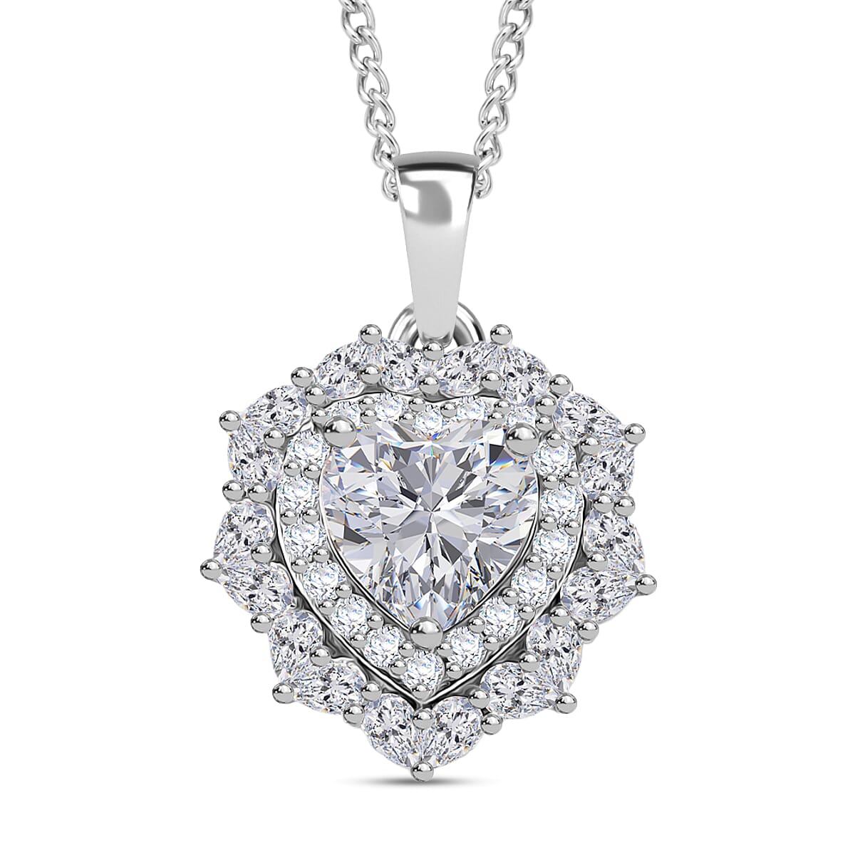 Doorbuster D'Joy Blue and White Moissanite (Hrt 8mm) Love Blossom Heart Pendant Necklace (18 Inches) in Rhodium Over Sterling Silver 3.00 ctw