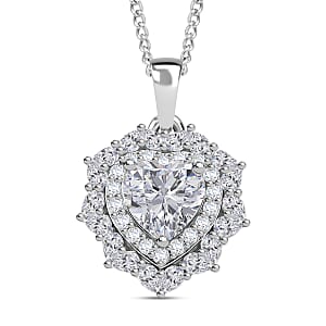  D'Joy Moissanite 3.00 ctw Crowned Heart Glow Pendant Necklace in Rhodium Over Sterling Silver 18 Inches