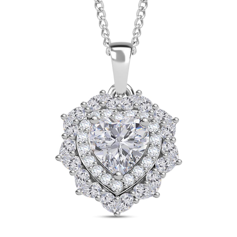 D'Joy Moissanite 3.00 ctw Crowned Heart Glow Pendant Necklace in Rhodium Over Sterling Silver 18 Inches