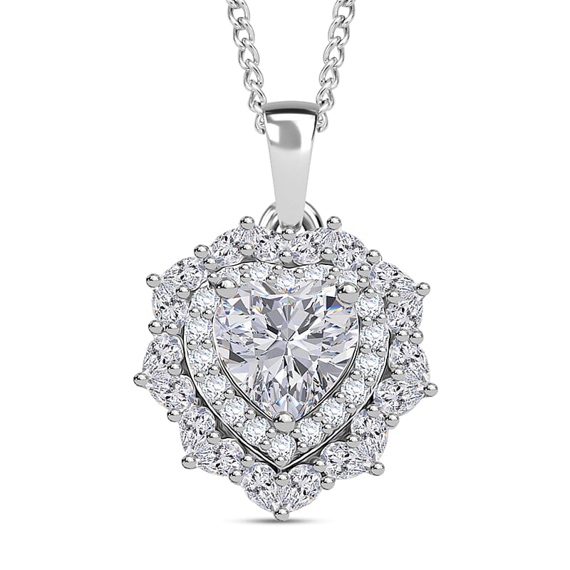 D'Joy Moissanite 3.00 ctw Crowned Heart Glow Pendant Necklace in Rhodium Over Sterling Silver 18 Inches