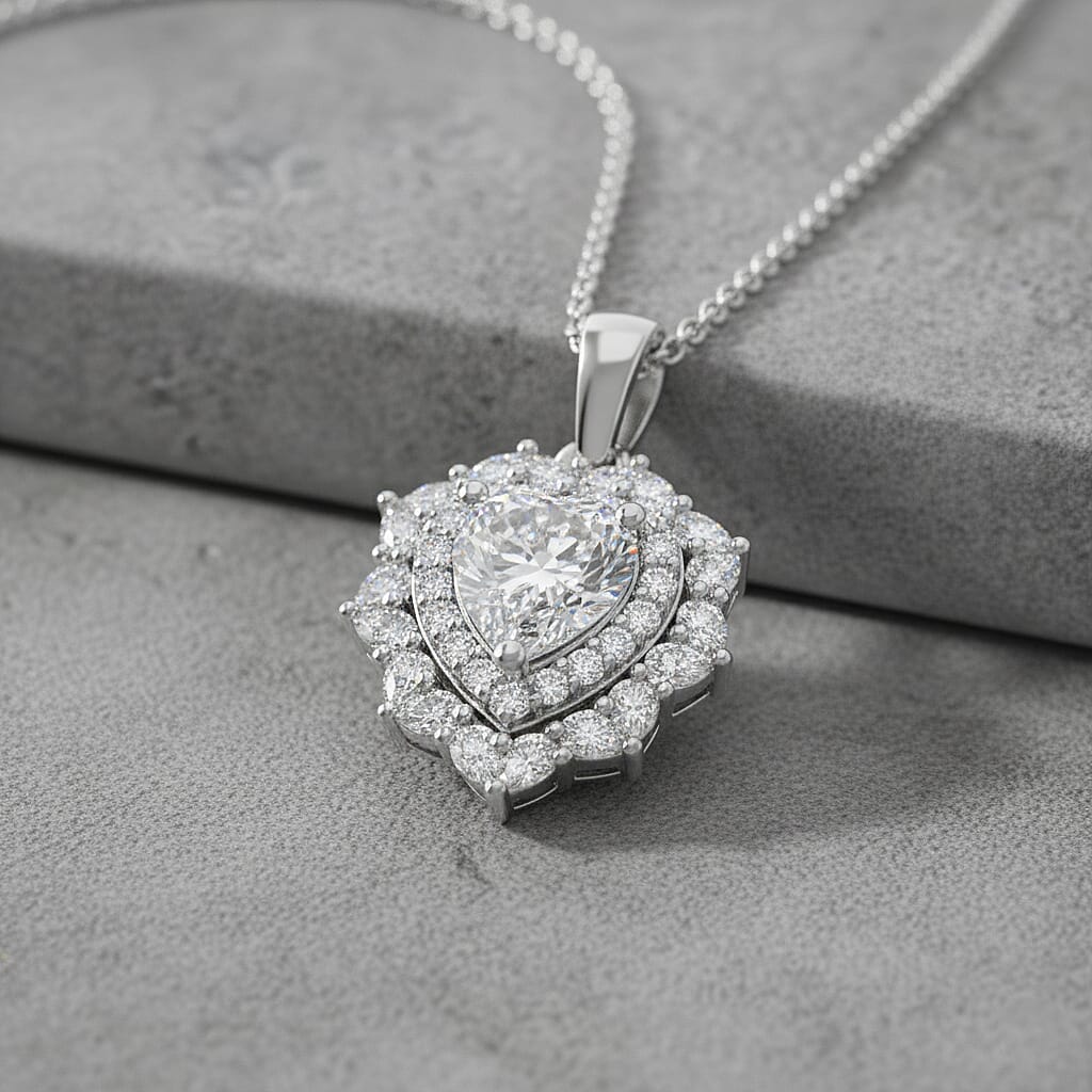 D'Joy Moissanite 3.00 ctw Crowned Heart Glow Pendant Necklace in Rhodium Over Sterling Silver 18 Inches