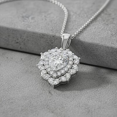 D'Joy Moissanite 3.00 ctw Crowned Heart Glow Pendant Necklace in Rhodium Over Sterling Silver 18 Inches