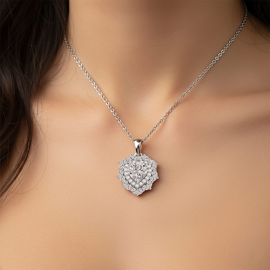 D'Joy Moissanite 3.00 ctw Crowned Heart Glow Pendant Necklace in Rhodium Over Sterling Silver 18 Inches