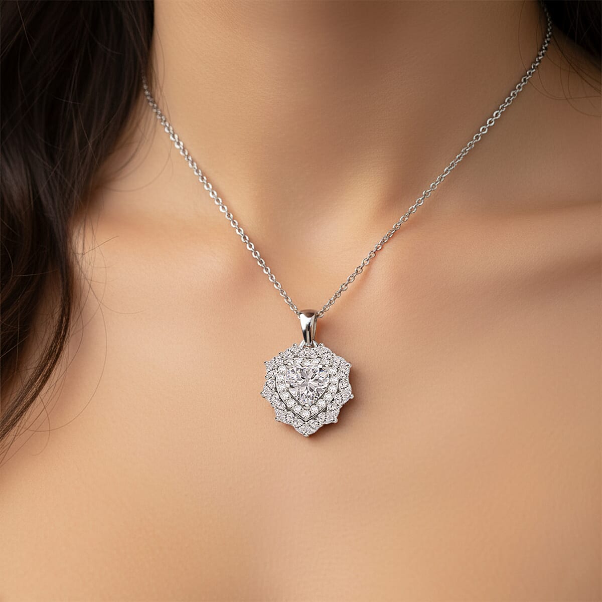  D'Joy Moissanite 3.00 ctw Crowned Heart Glow Pendant Necklace in Rhodium Over Sterling Silver 18 Inches image number 2