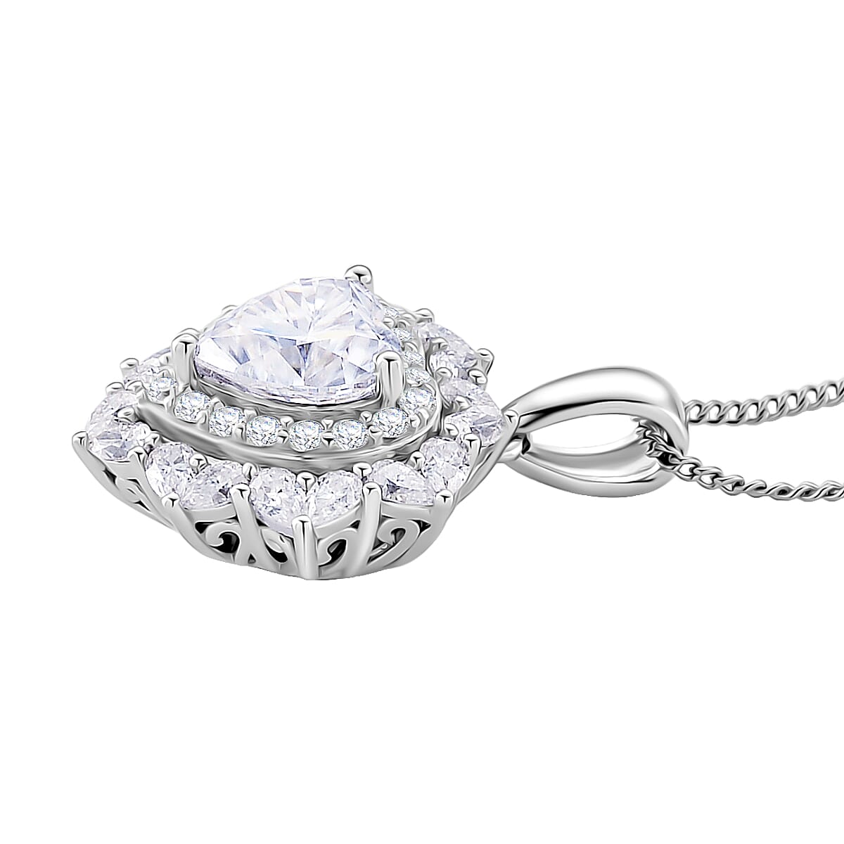  D'Joy Moissanite 3.00 ctw Crowned Heart Glow Pendant Necklace in Rhodium Over Sterling Silver 18 Inches image number 3