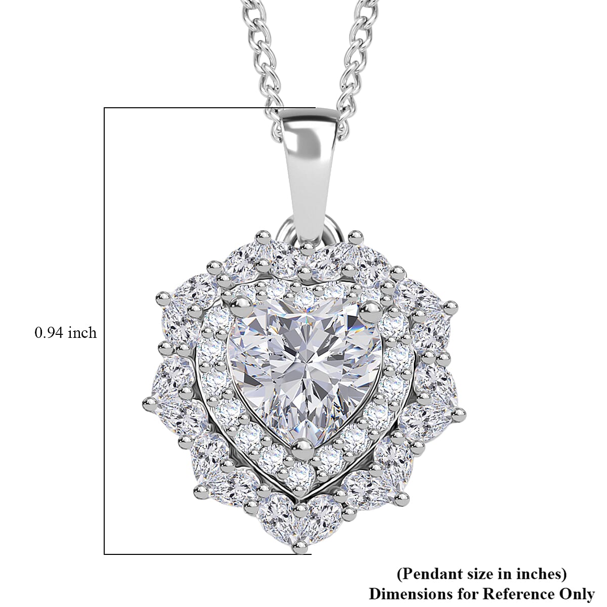 D'Joy Moissanite 3.00 ctw Crowned Heart Glow Pendant Necklace in Rhodium Over Sterling Silver 18 Inches
