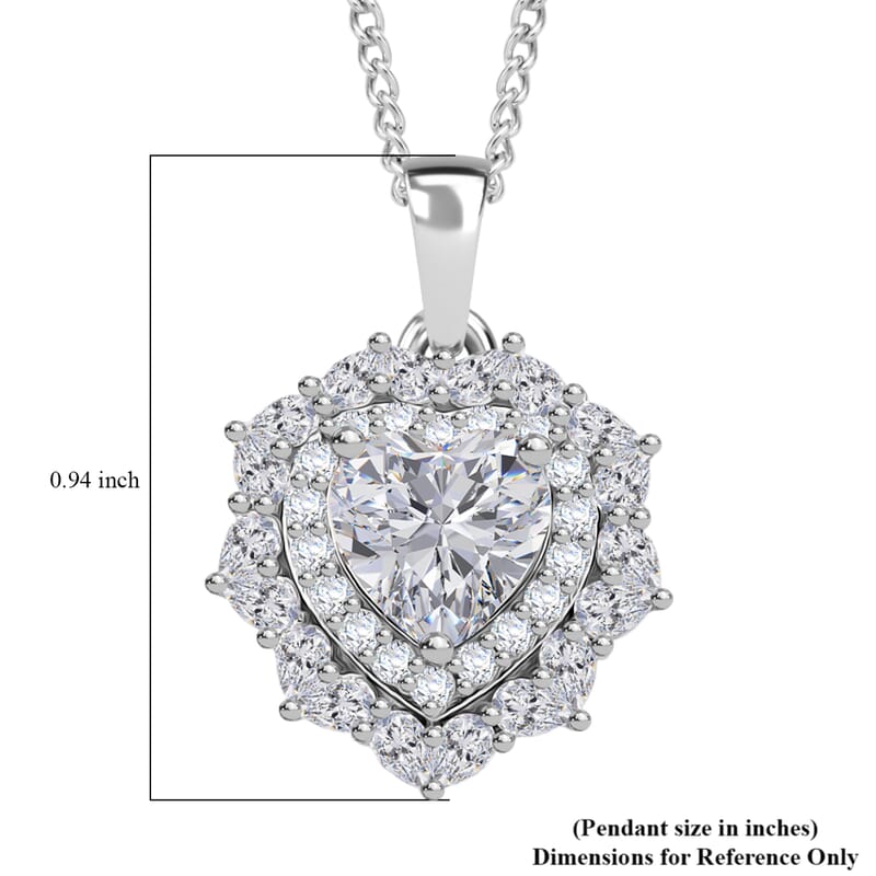 D'Joy Moissanite 3.00 ctw Crowned Heart Glow Pendant Necklace in Rhodium Over Sterling Silver 18 Inches
