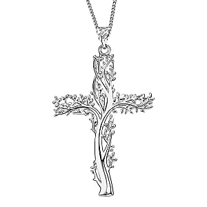Rhodium Over Sterling Silver Tree of Life Cross Pendant with Stainless Steel Necklace (20 Inches)