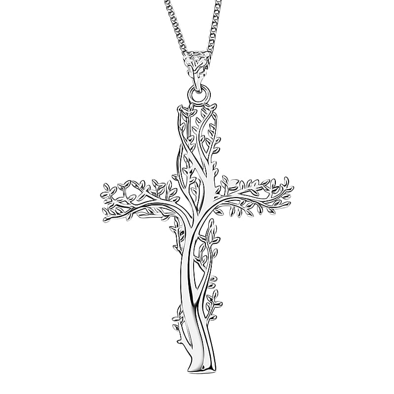 Rhodium Over Sterling Silver Tree of Life Cross Pendant with Stainless Steel Necklace (20 Inches)