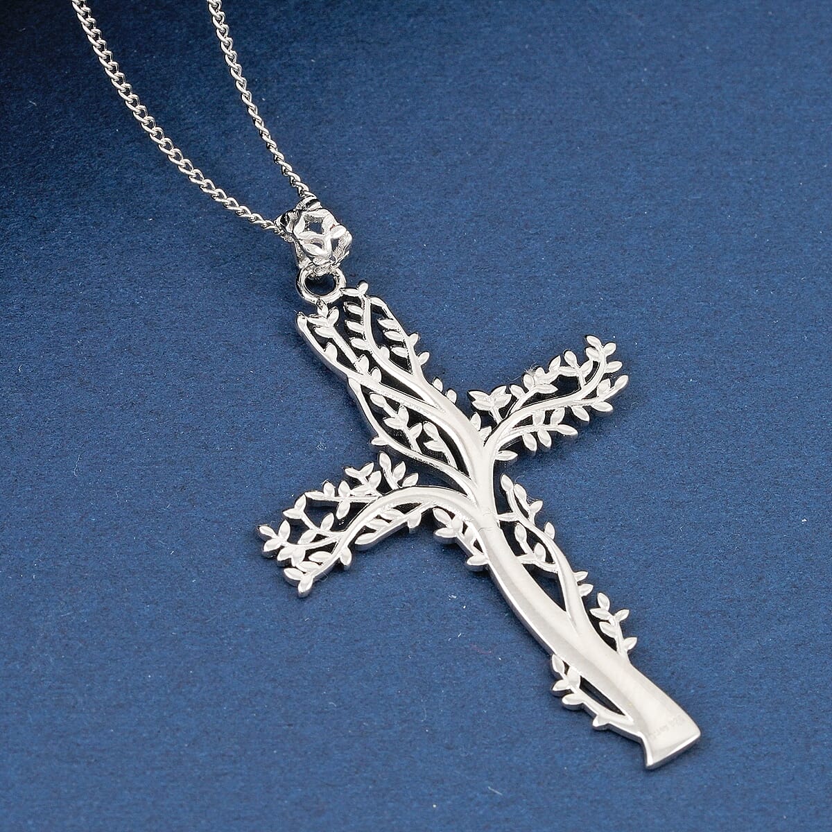 Rhodium Over Sterling Silver Tree of Life Cross Pendant with Stainless Steel Necklace (20 Inches) image number 1