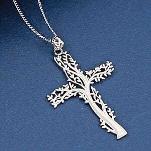 Rhodium Over Sterling Silver Tree of Life Cross Pendant with Stainless Steel Necklace (20 Inches)