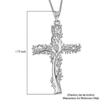 Rhodium Over Sterling Silver Tree of Life Cross Pendant with Stainless Steel Necklace (20 Inches)