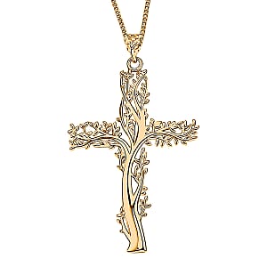 14K YG Over Sterling Silver Tree of Life Cross Pendant with ION Plated YG Stainless Steel Necklace (20 Inches)