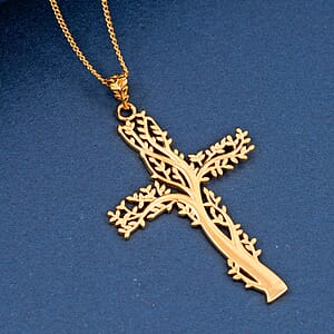 14K YG Over Sterling Silver Tree of Life Cross Pendant with ION Plated YG Stainless Steel Necklace (20 Inches)