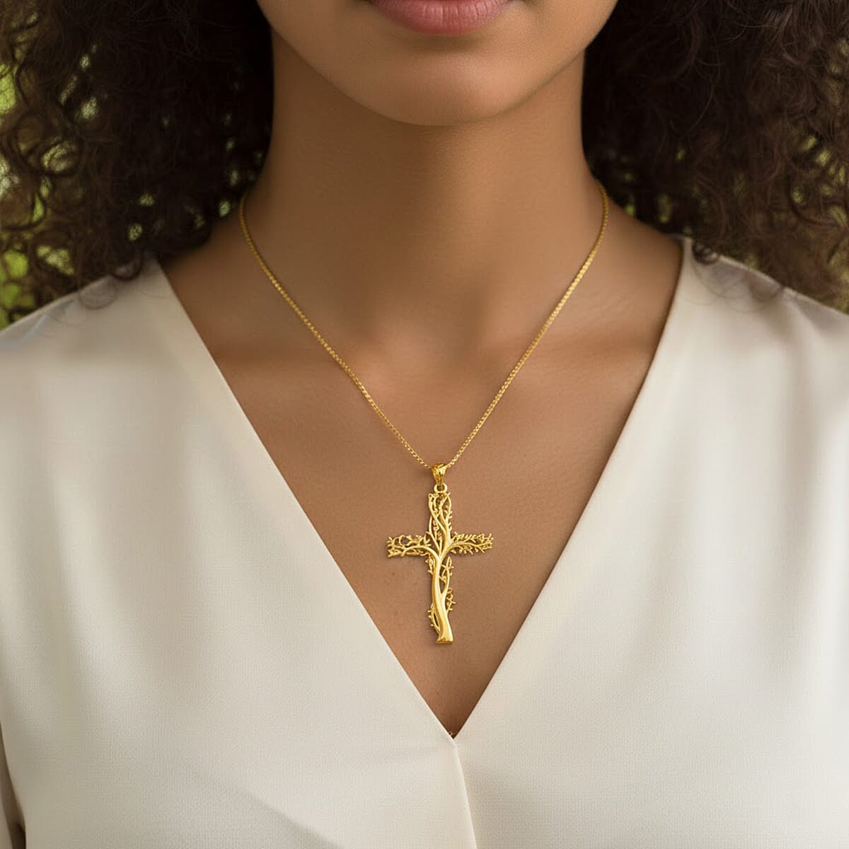 14K YG Over Sterling Silver Tree of Life Cross Pendant with ION Plated YG Stainless Steel Necklace (20 Inches) image number 2