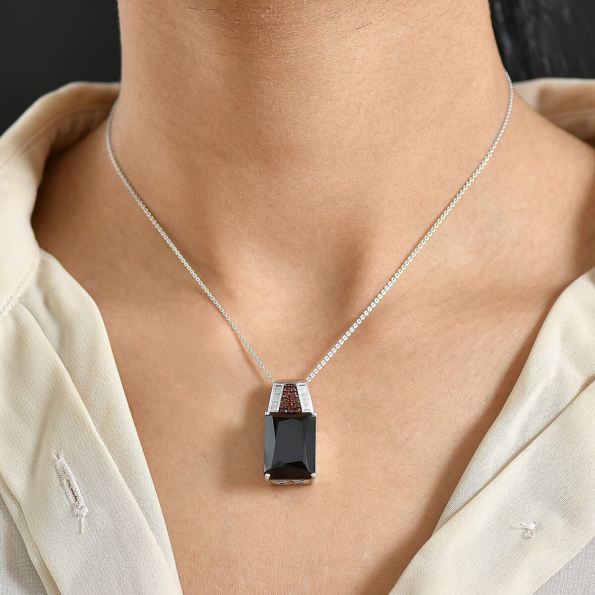 Doorbuster D'Joy Premium Thai Black Spinel, Multi Gemstone 21.25 ctw Crowned Aura Pendant Necklace in Rhodium Over Sterling Silver 20 Inches image number 2