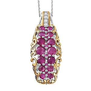 D'Joy Mozambique Ruby and White Zircon 2.00 ctw Pendant Necklace in 18K Vermeil YG and Rhodium Over Sterling Silver 20 Inches
