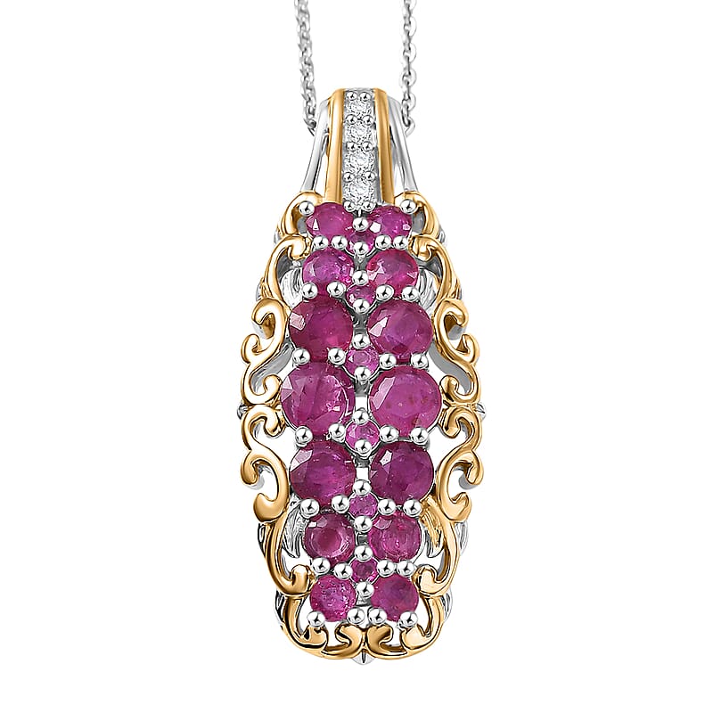 D'Joy Mozambique Ruby, White Zircon Pendant Necklace in 18K Vermeil YG and Rhodium Over Sterling Silver 2.00 ctw (20 Inches)