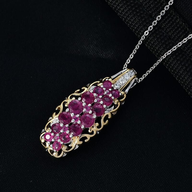 D'Joy Mozambique Ruby, White Zircon Pendant Necklace in 18K Vermeil YG and Rhodium Over Sterling Silver 2.00 ctw (20 Inches)