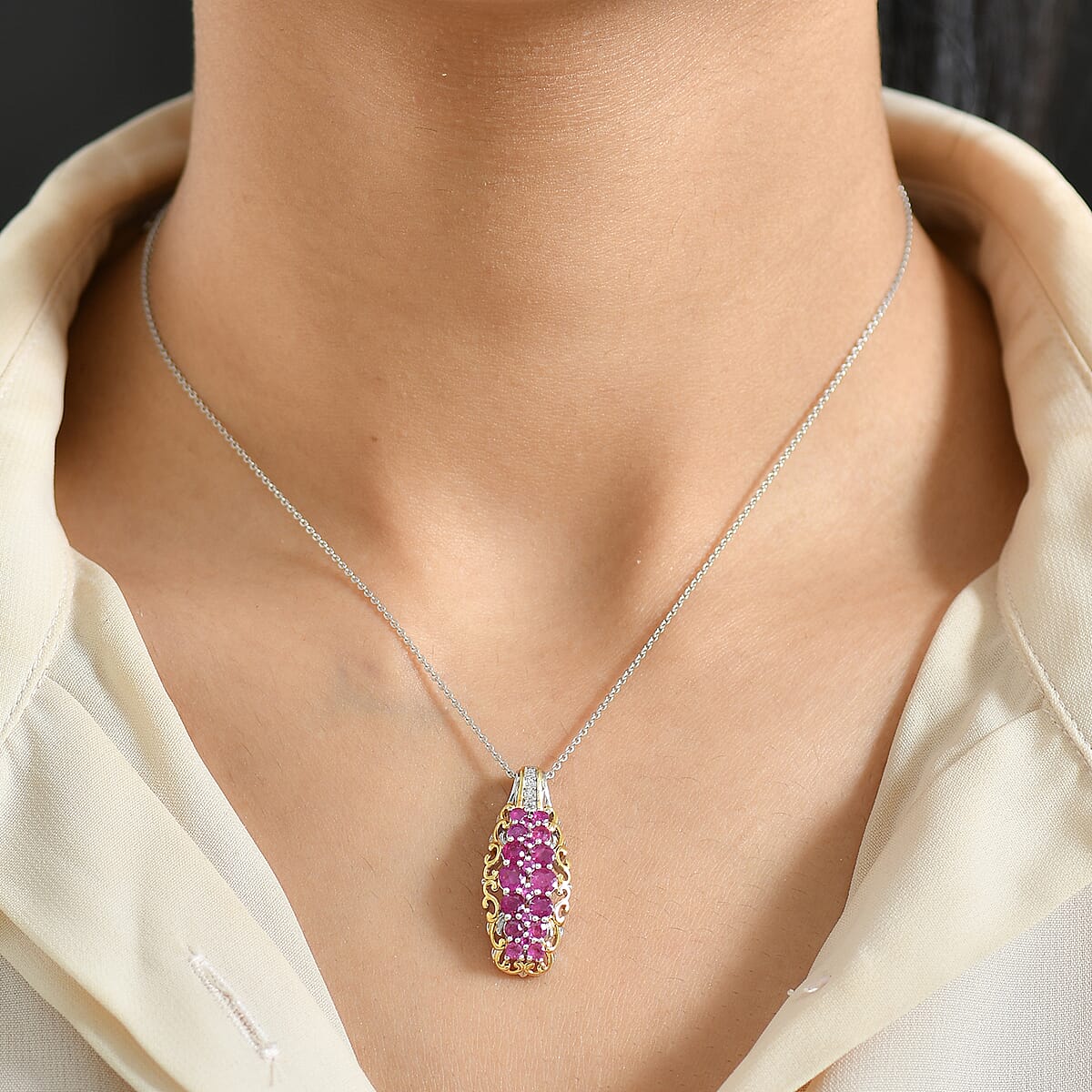 D'Joy Mozambique Ruby and White Zircon 2.00 ctw Pendant Necklace in 18K Vermeil YG and Rhodium Over Sterling Silver 20 Inches image number 2