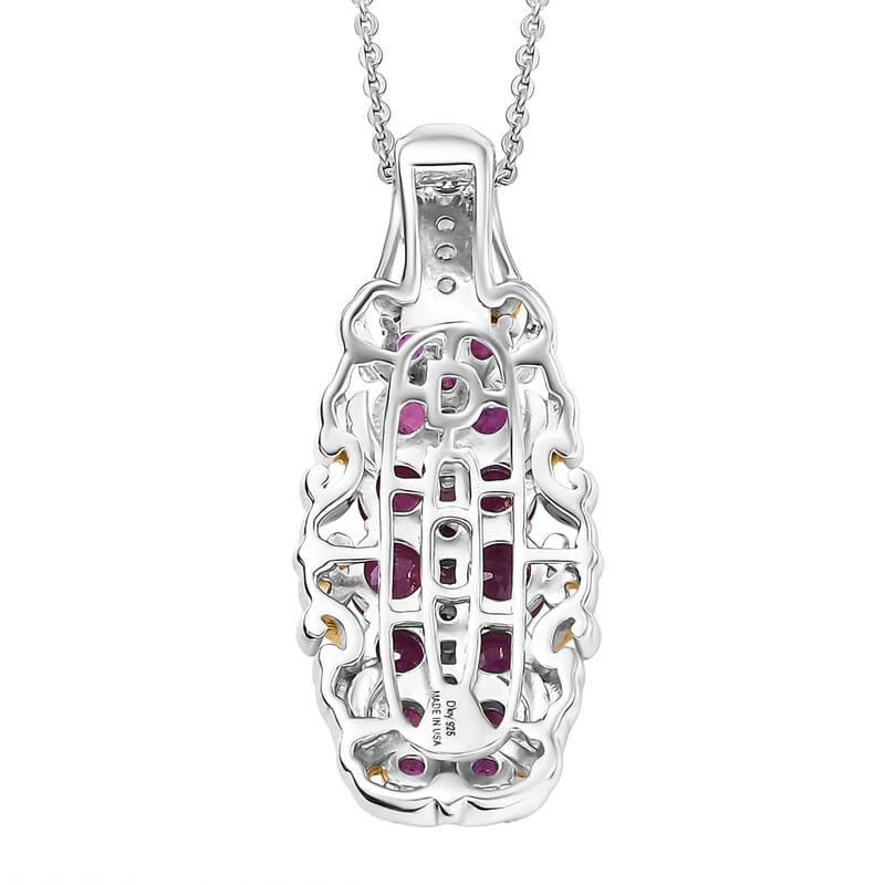 D'Joy Mozambique Ruby, White Zircon Pendant Necklace in 18K Vermeil YG and Rhodium Over Sterling Silver 2.00 ctw (20 Inches)
