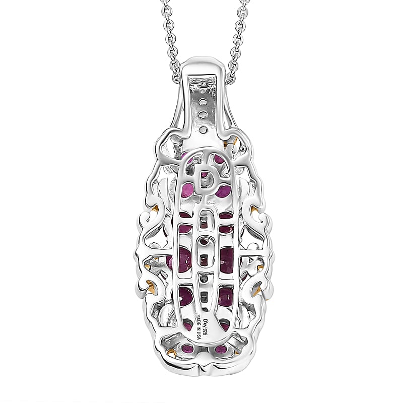 D'Joy Mozambique Ruby, White Zircon Pendant Necklace in 18K Vermeil YG and Rhodium Over Sterling Silver 2.00 ctw (20 Inches)