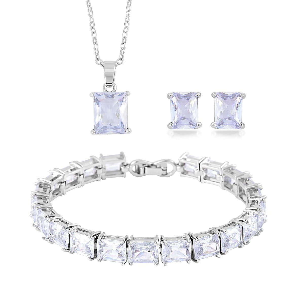  3 Piece Set Austrian Crystal Tennis Bracelet (7.25In), Solitaire Pendant Necklace 20 Inches and Earrings in Silvertone image number 0